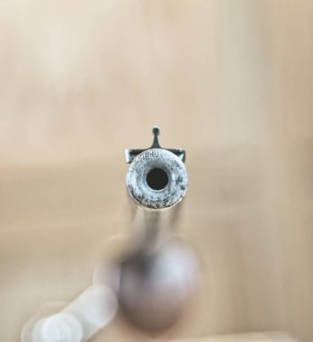 Looking down the barrel of a 22 caliber rifle