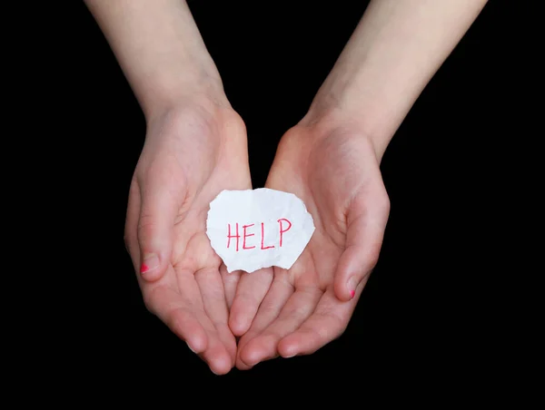 Note Asking Help Being Held Girls Hands — Stock Photo, Image