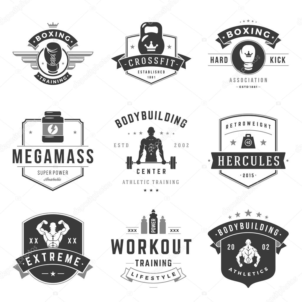 Fitness Logos Templates Set. Vector object and Icons for Sport Labels, Gym Badges, Health Logos Design, Emblems Graphics. Man Silhouettes, Exercise Logos, Barbell and Weight Symbols.