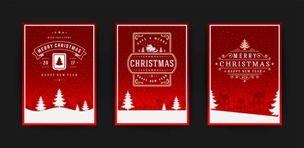 Conjunto de tarjetas de felicitación de Navidad y adornado tipográfico vacaciones de invierno texto vector ilustración — Archivo Imágenes Vectoriales