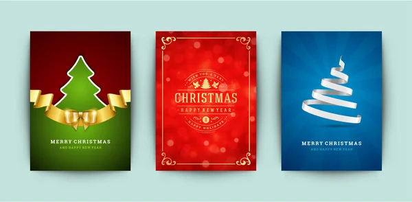 Cartões de Natal conjunto e ornamentado tipográfico inverno feriados texto vetor ilustração — Vetor de Stock