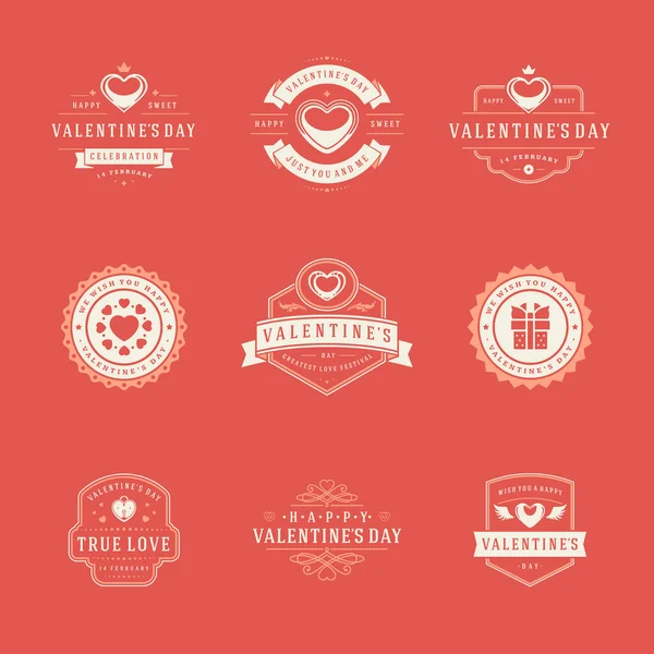 Happy valentines day greetings cards with labels and badges set vector illustration — Stock Vector