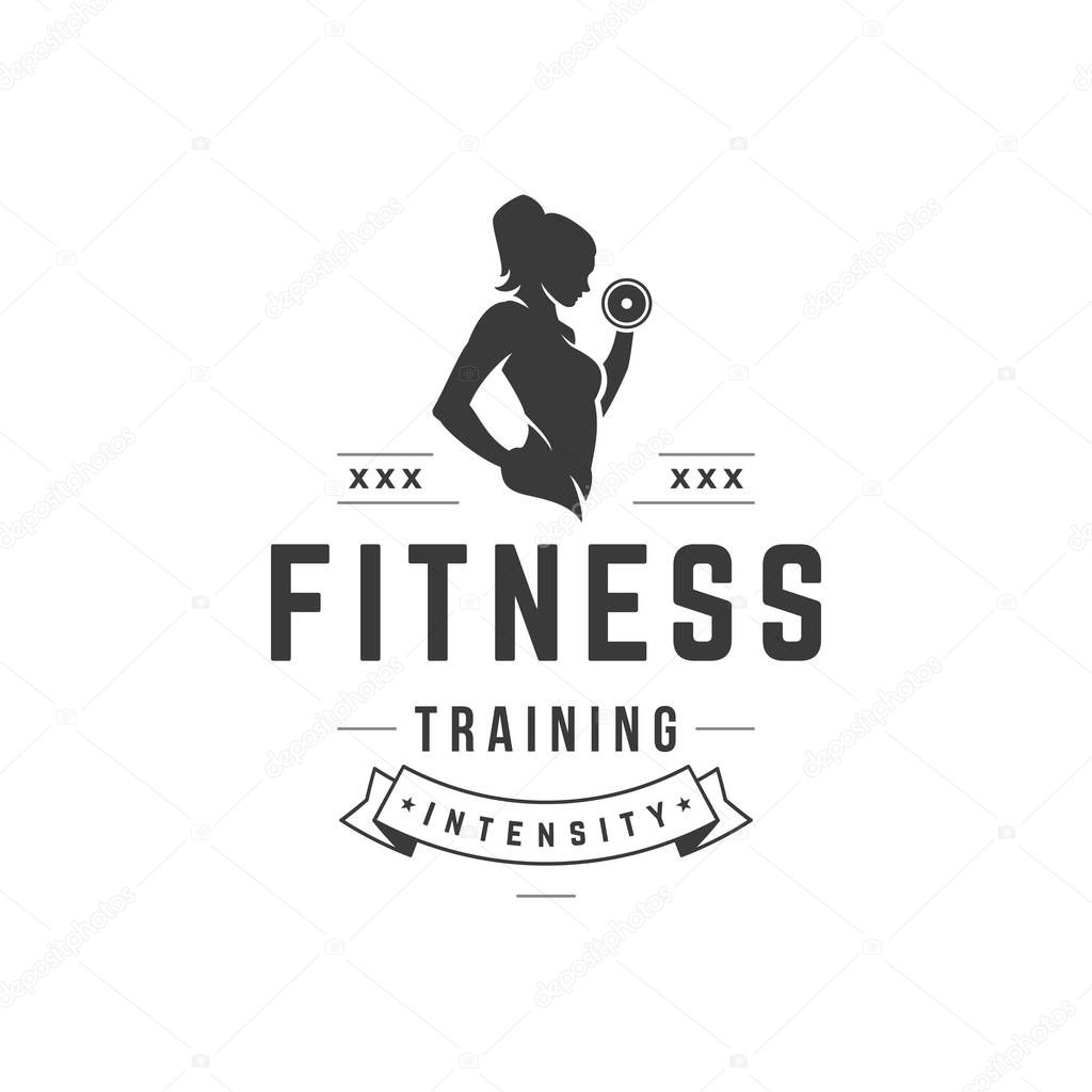 Intense fitness workout vector logo. Athletic female black silhouette lifts dumbbell strong beauty with healthy body. Active club bodybuilding for muscle building and symbol good health.