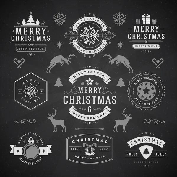 Feliz Natal e Feliz Ano Novo Desejos Etiquetas Tipográficas — Vetor de Stock
