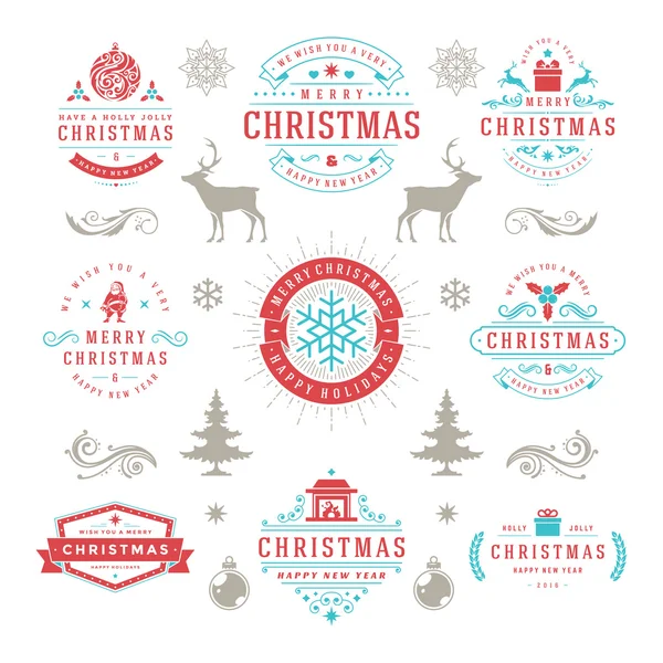 Feliz Natal e Feliz Ano Novo Desejos Etiquetas Tipográficas — Vetor de Stock