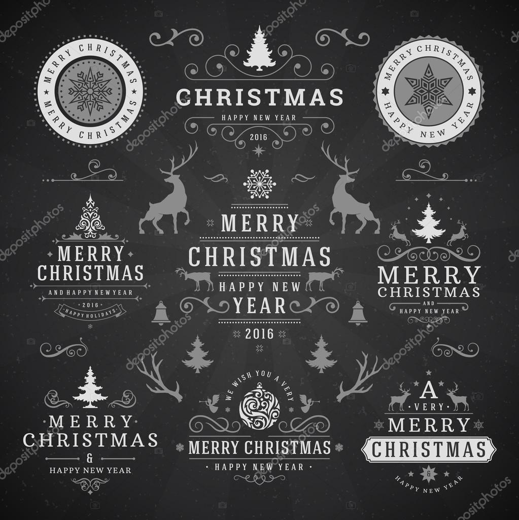 Merry Christmas And Happy New Year Wishes Typographic Labels and Badges set, Vintage decorations, objects, symbols and elements, vector illustration on blackboard