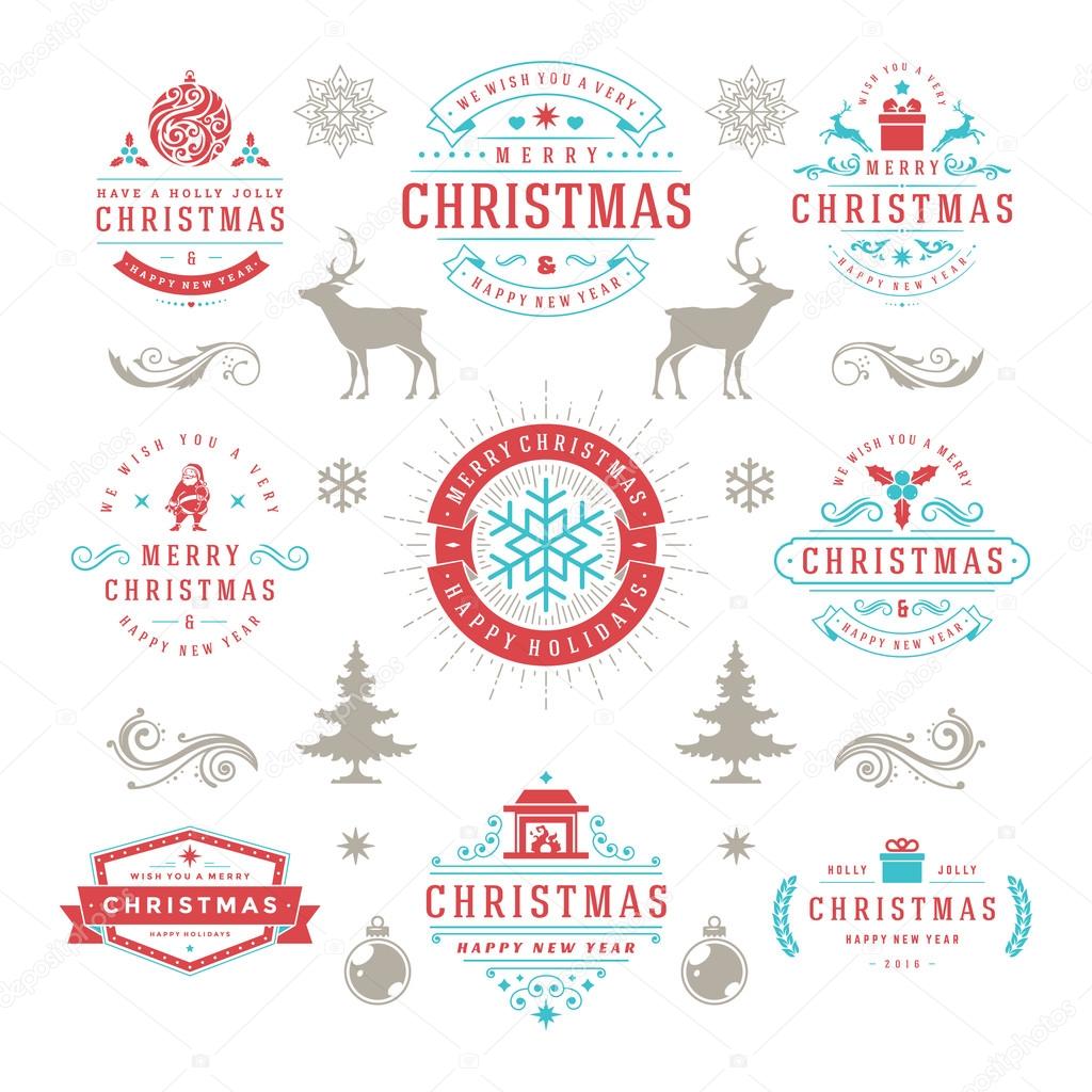 Merry Christmas And Happy New Year Wishes Typographic Labels