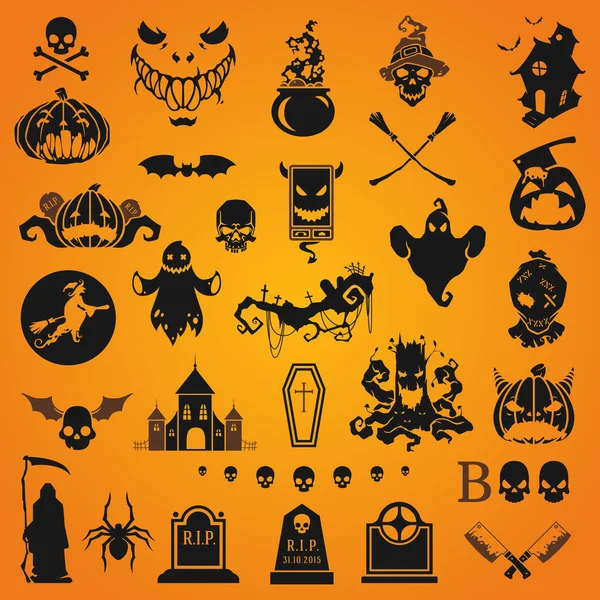 Objetos e iconos de silueta de Halloween — Vector de stock