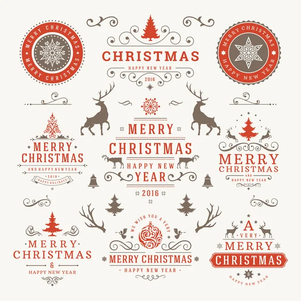 Feliz Navidad y Feliz Año Nuevo desea etiquetas tipográficas — Archivo Imágenes Vectoriales