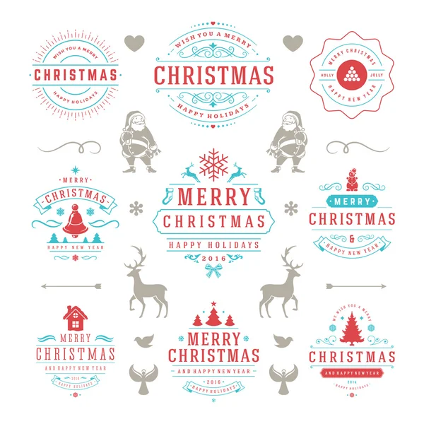 Merry Christmas And Happy New Year Wishes Typographic Labels — Stock Vector