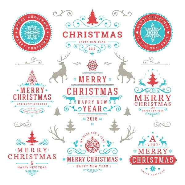 Merry Christmas And Happy New Year Wishes Typographic Labels and Badges — Stock Vector