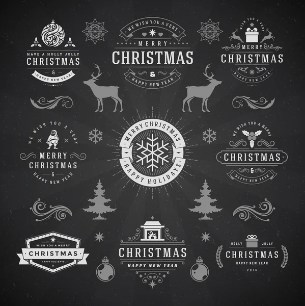 Feliz Natal e Feliz Ano Novo Desejos Etiquetas Tipográficas e Emblemas Vetores De Bancos De Imagens Sem Royalties