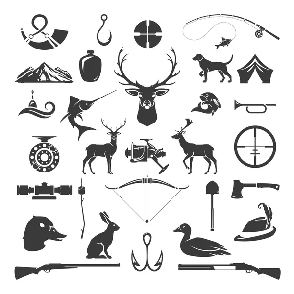 Set of Hunting and Fishing Objects Vector Design Elements Vintage Style — Stock vektor