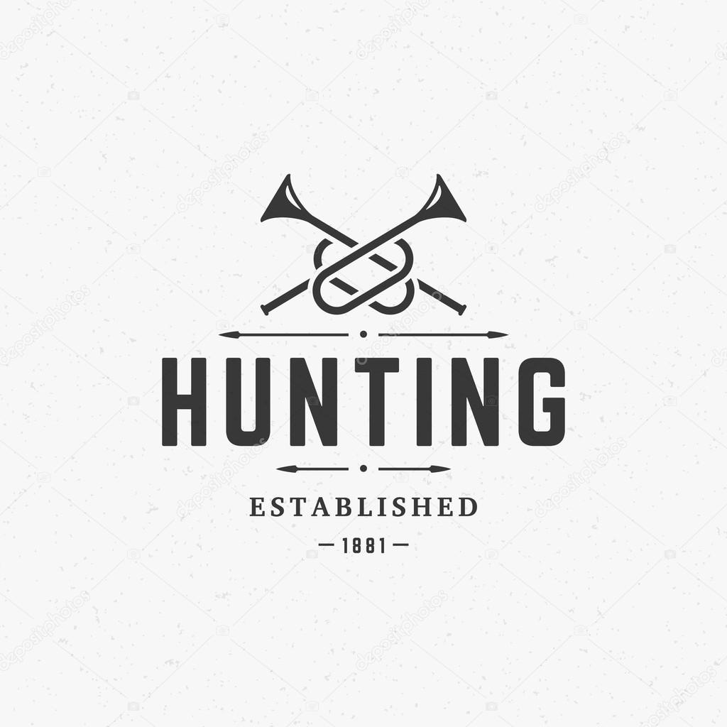 Hunting Club Vintage Logo Template Emblem. Cross Bugle Horns Silhouette. Label or Badge for Advertising, Hunter Equipment and other Design. Retro Style Vector Illustration