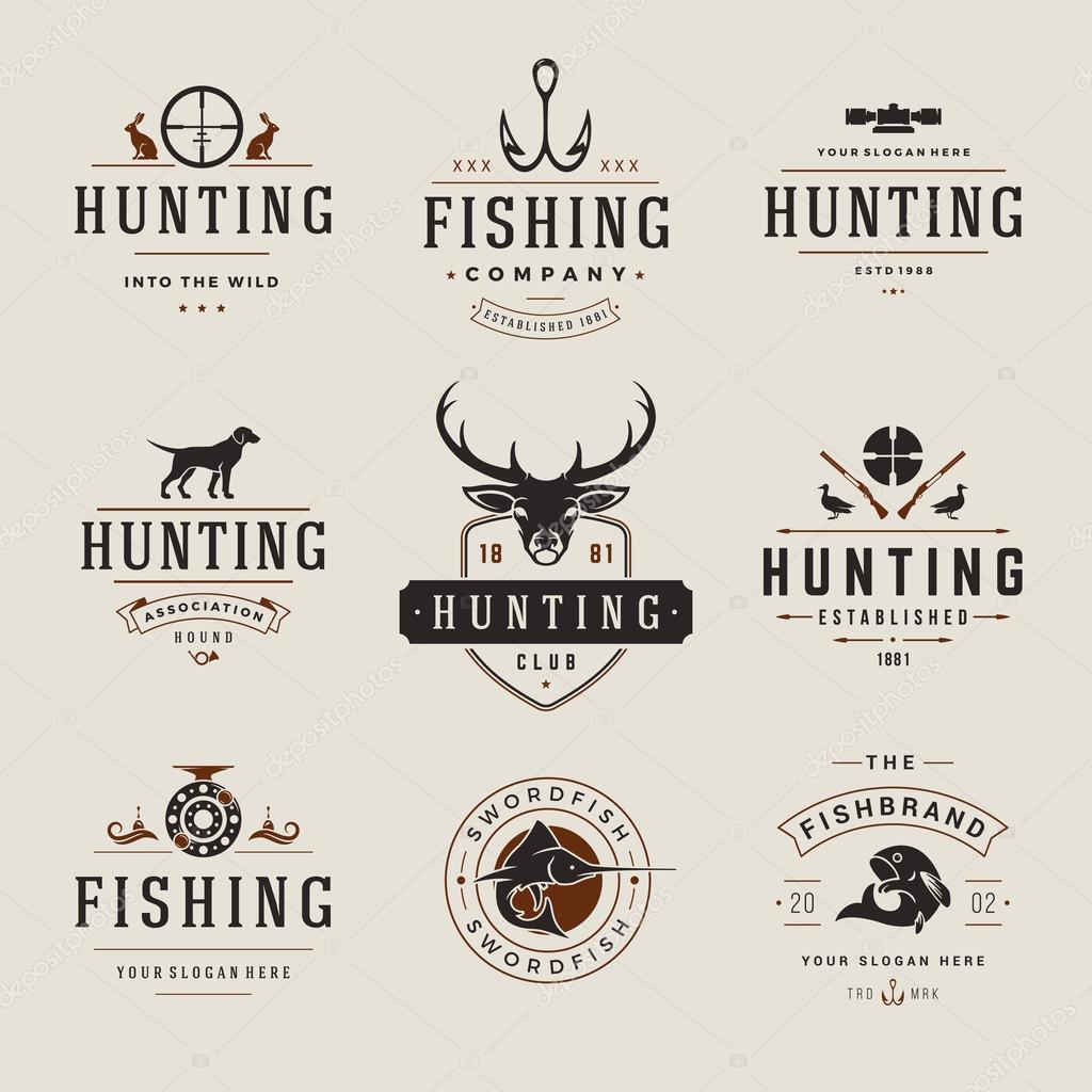 Set of Hunting and Fishing Labels, Badges, Logos Vector Design Elements Vintage Style. Deer head, hunter weapons, forest wild animals and other objects. Advertising Hunter Equipment