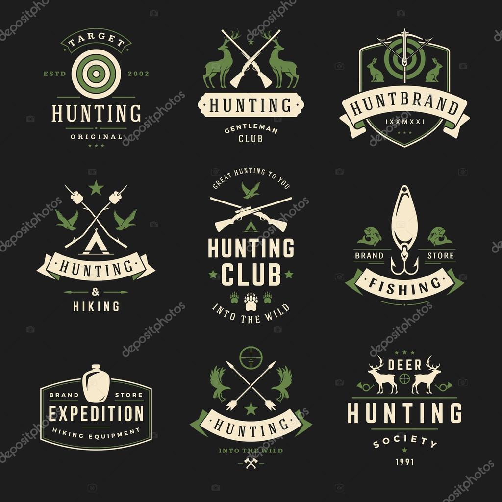 Set of Hunting and Fishing Labels, Badges, Logos Vector Design Elements Vintage Style. Deer head, hunter weapons, forest wild animals and other objects. Advertising Hunter Equipment