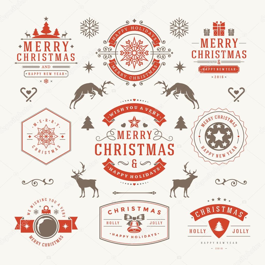 Merry Christmas And Happy New Year Wishes Typographic Labels and Badges set