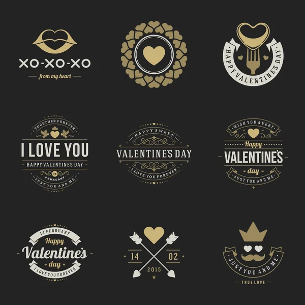 Valentines Day labels, badges, heart icons, symbols, greetings cards