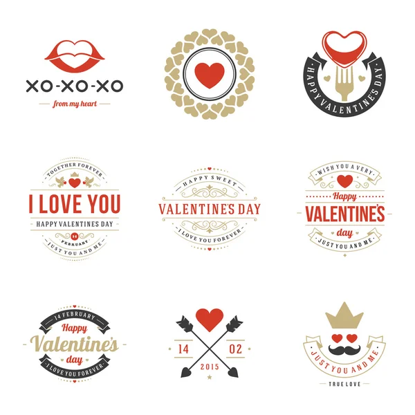 Etiquetas del día de San Valentín, insignias, iconos del corazón, símbolos, tarjetas de felicitación — Archivo Imágenes Vectoriales
