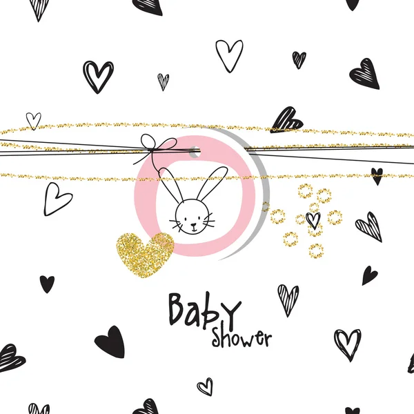 Fondo de ducha para bebés con corazones y conejos — Vector de stock