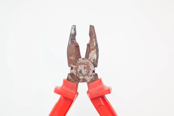 Wide Open Rusty Red Pliers White Background — Stock Photo, Image