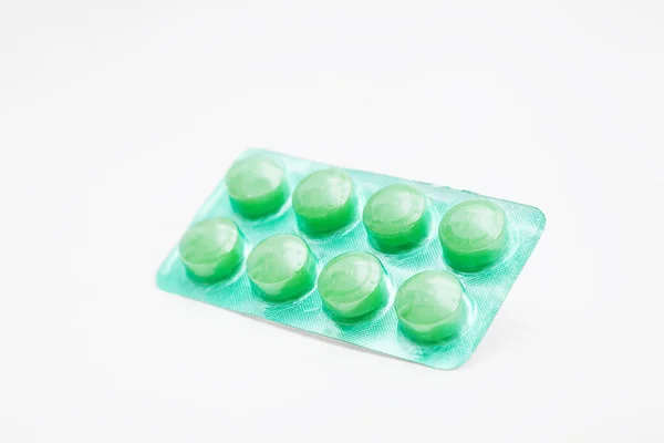 Blister Green Tablets White Background Side — Stock Photo, Image