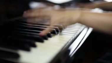 Hızlı tempoda kuyruklu piyano çalan ellerin yakın çekimi