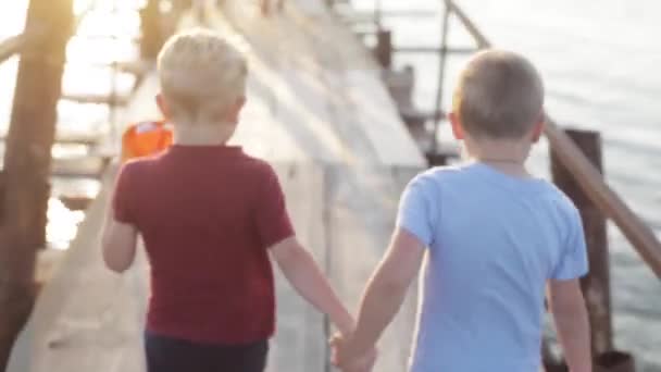 Twee Jongens Hand Hand Lopen Houten Pier — Stockvideo