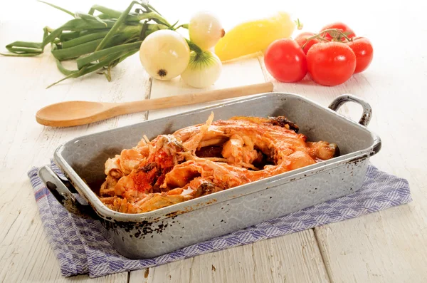 Boiled carp in a gray metal cooking tin — Stock Photo, Image