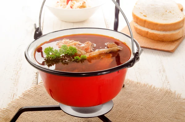 Macar sazan balığı çorbası bir su ısıtıcısı ve ekşi salatası — Stok fotoğraf