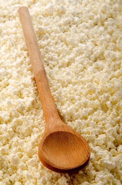 Home made cottage cheese with wooden spoon — Stock Photo, Image
