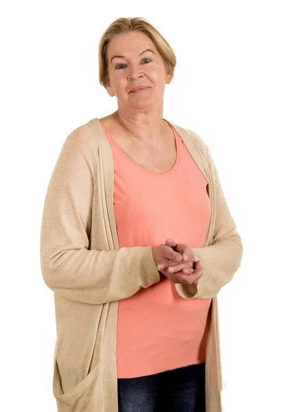 Female senior satisfied and fold her hands — Stock Photo, Image