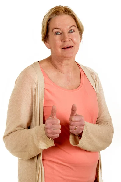 Female senior is happy and full of expression for it shows up he — Stock Photo, Image