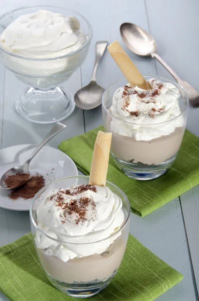 Mocca cream dessert with whipped cream and cocoa powder — Stock Photo, Image