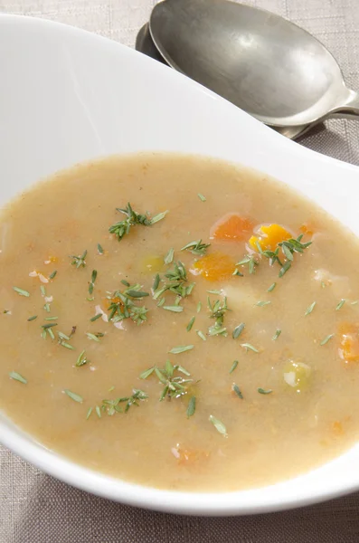 Scotch broth soup with fresh thyme — Stock Photo, Image