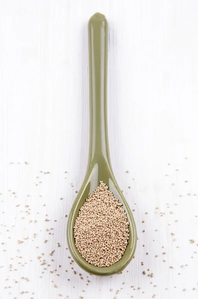 Dry active yeast on a green spoon — Stock Photo, Image