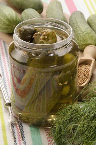 Gherkin in glass with mustard seed and dill — Stock Photo, Image