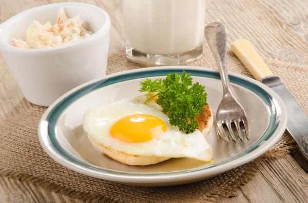 Colazione con pane tostato, uovo fritto, prezzemolo, bicchiere di latte, coles — Foto Stock