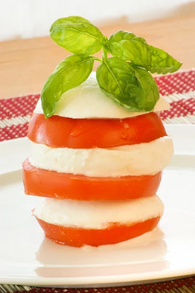Tomato and mozzarella slices and basil — Stock Photo, Image
