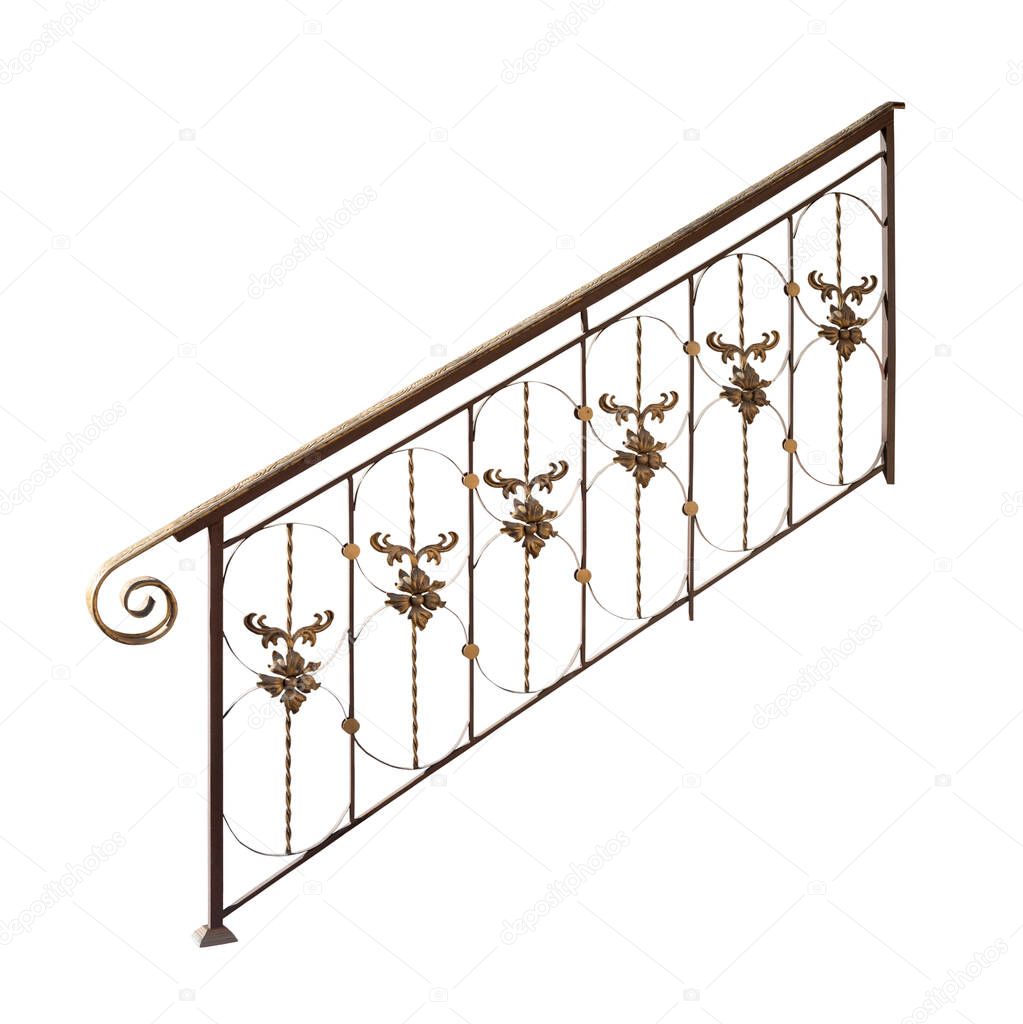 Fence stairs with iron railings. Isolated over white background.