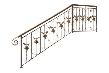 Merdivenlerde korkuluklar var. Beyaz arkaplan üzerinde izole edilmiş.