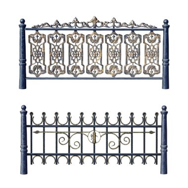 Demir parmaklıklar, eski usul çitler. Beyaz arkaplanda izole.