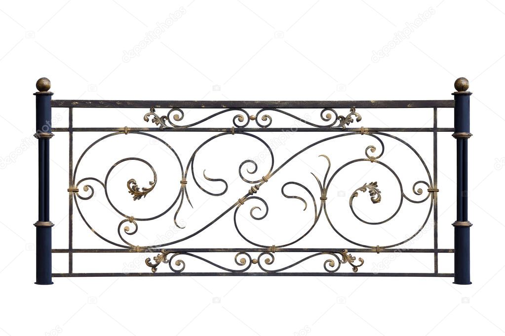 Decorative  metal  railing, fence  in old   style. Isolated over white background.