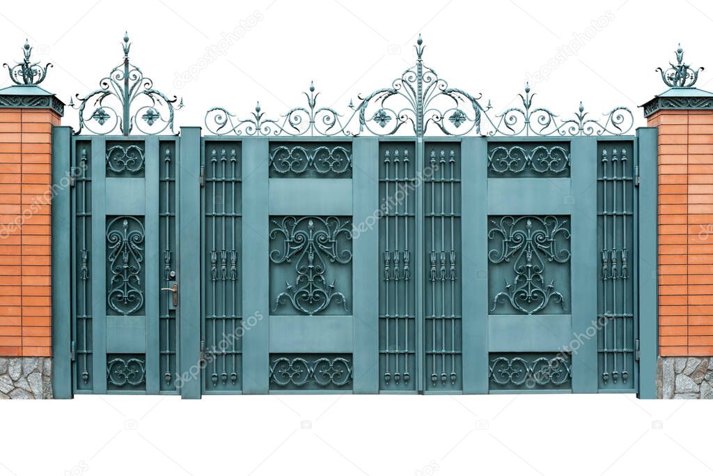    Wrought iron gates with doors. Isolated on white background.