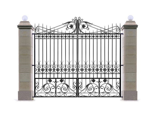Forged openwork gate with columns in the old style. Isolated over white background.