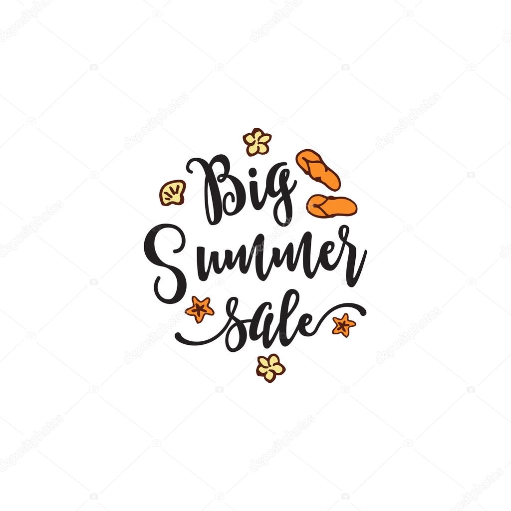 Vector summer element with text,flip flops and flowers on white background. Big Summer sale
