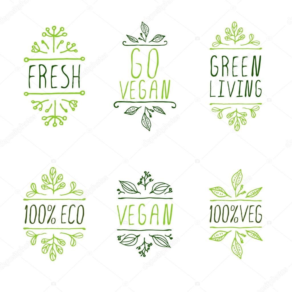 Vegan product labels. Suitable for ads, signboards, packaging and identity and web designs. Vegan. Go vegan. Green living. Fresh