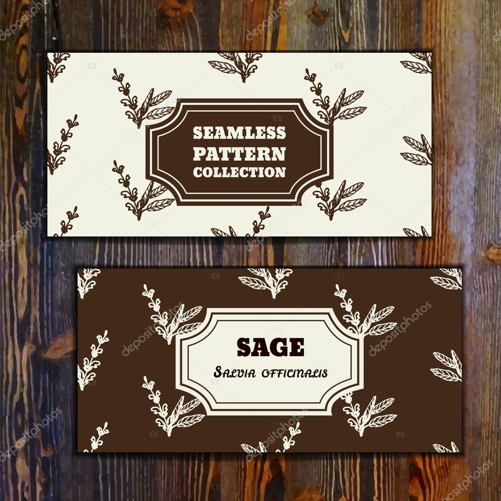 Health and Nature Collection. Banner templates with herbal seamless pattern on wooden background. Sage - Salvia officinalis