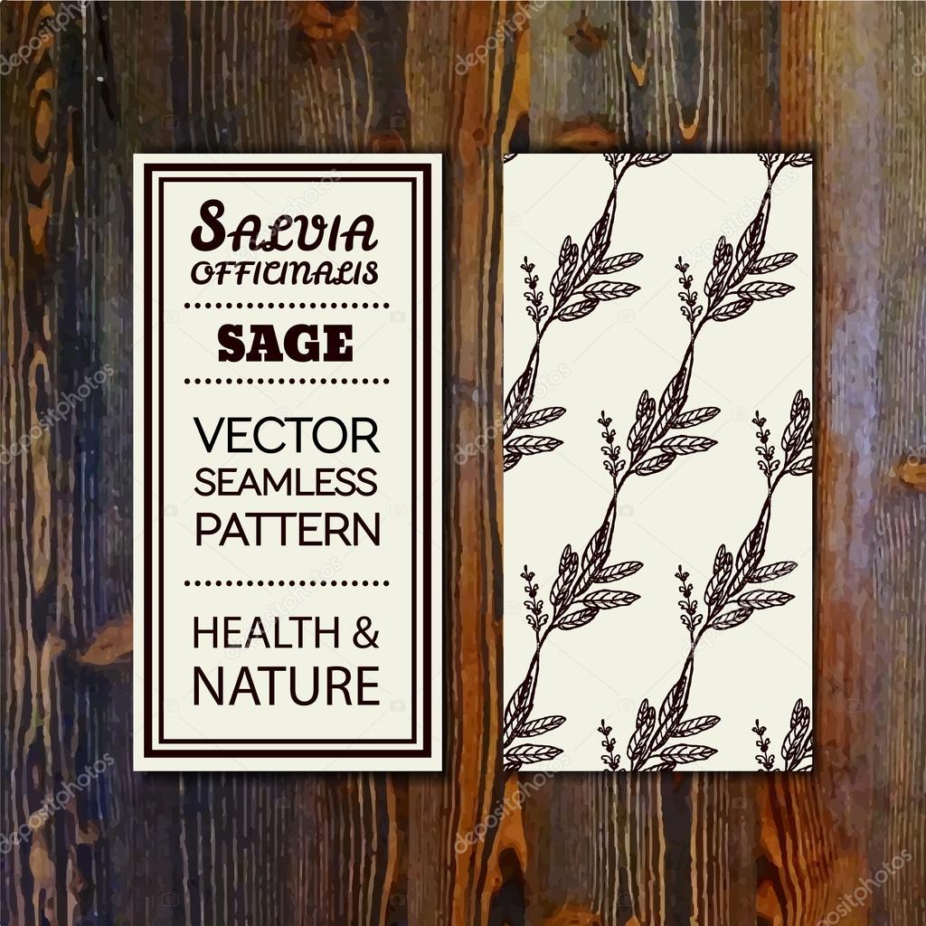 Health and Nature Collection. Banner template with herbal seamless pattern on wooden background. Sage - Salvia officinalis