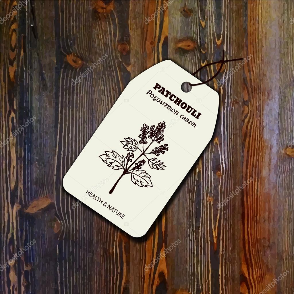 Health and Nature Collection. Tag template with a herb on wood background. Patchouli  - Pogostemon cablin